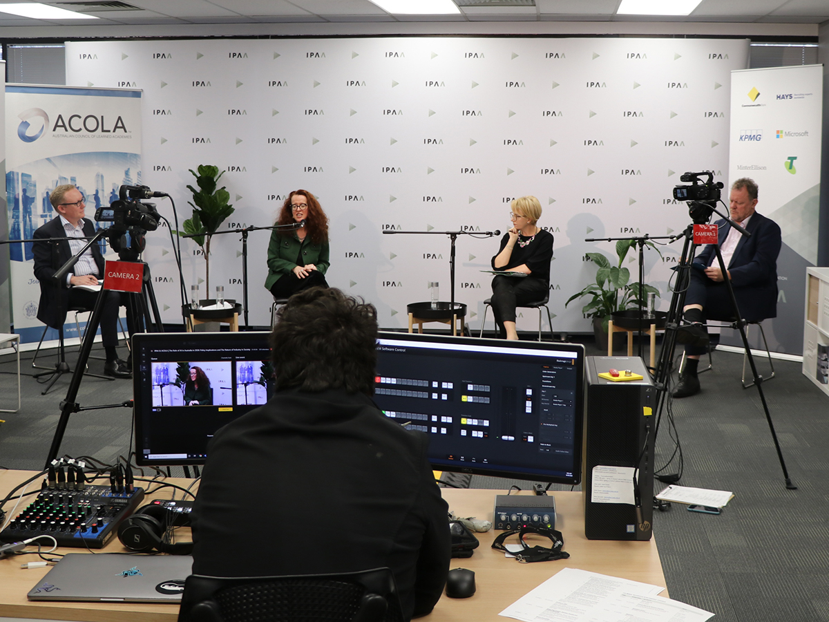 Professor Genevieve Bell AO speaking at the recording of an online event with fellow panel members David Hazlehurst, Dr Alan Finkel AO, Narelle Luchetti and Dr Simon Barry.